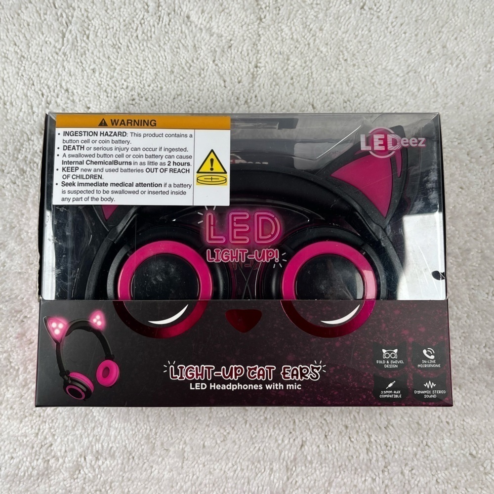 NIB LEDeez LED Light-Up Cat Ears Headphone with Mic-Fold & Swivel Design